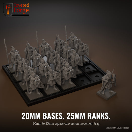 20mm to 25mm square conversion movement tray with miniatures ranked up