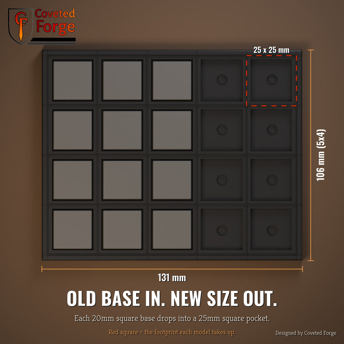 20mm to 25mm square conversion tray dimensions, top view