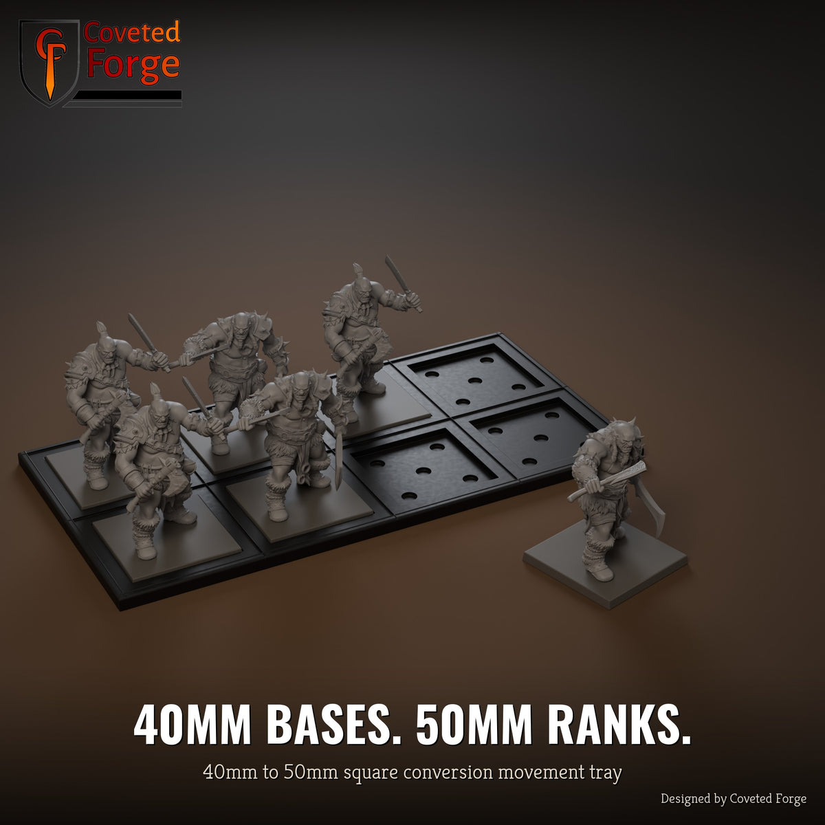 40mm to 50mm square conversion movement tray with miniatures ranked up