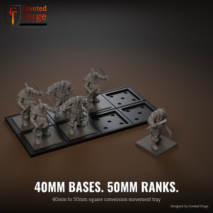 40mm to 50mm square conversion movement tray with miniatures ranked up