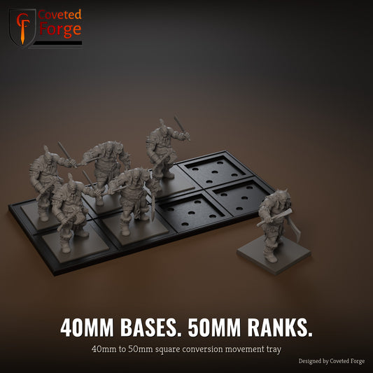 40mm to 50mm square conversion movement tray with miniatures ranked up