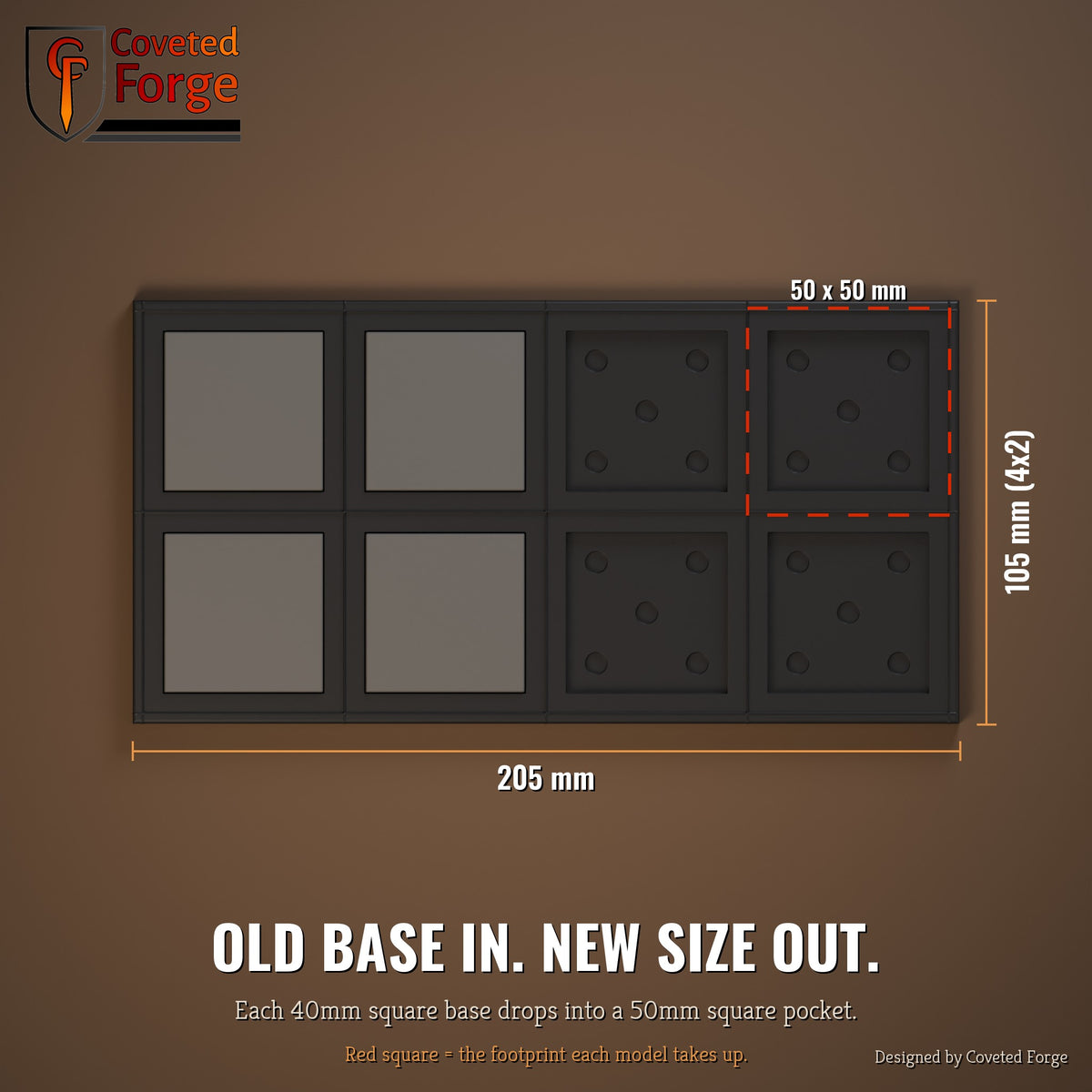 40mm to 50mm square conversion tray dimensions, top view