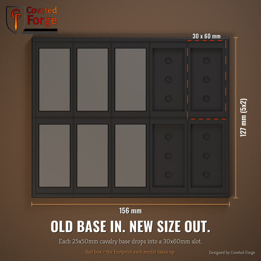 25x50mm to 30x60mm cavalry conversion tray dimensions, top view