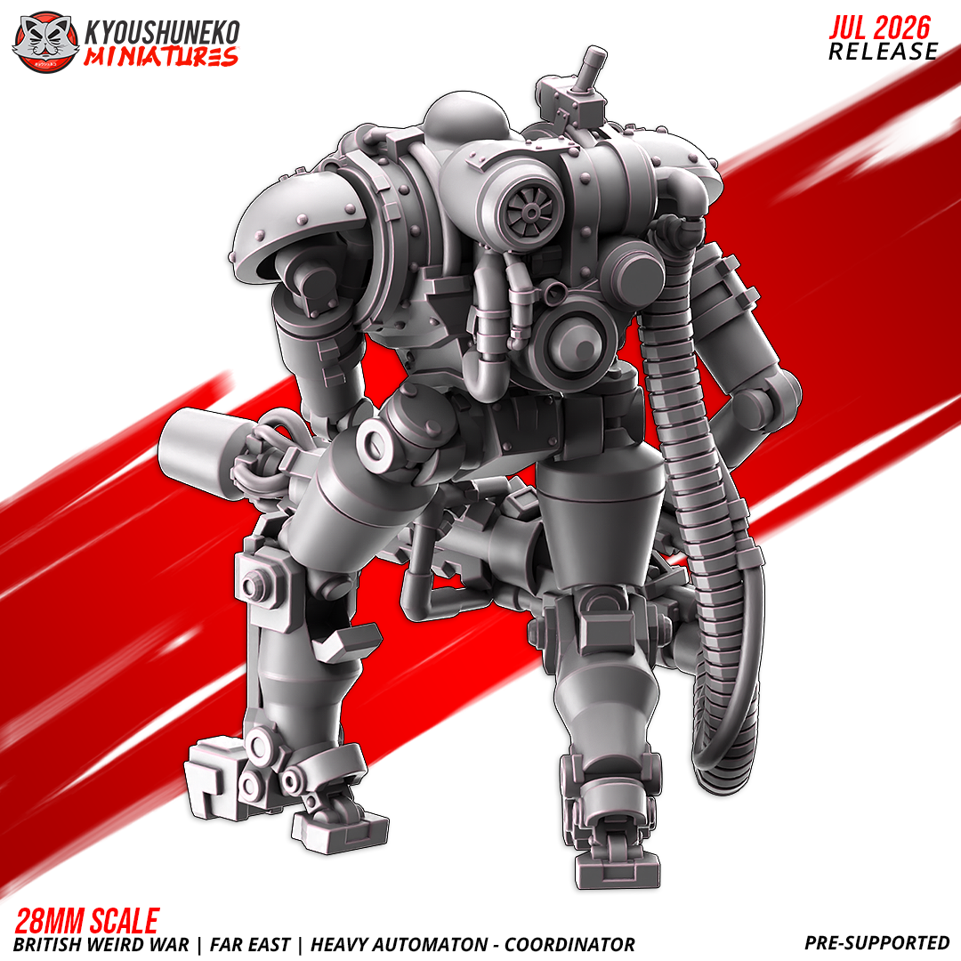 Dieselpunk automaton coordinator with a backpack power unit, angled view