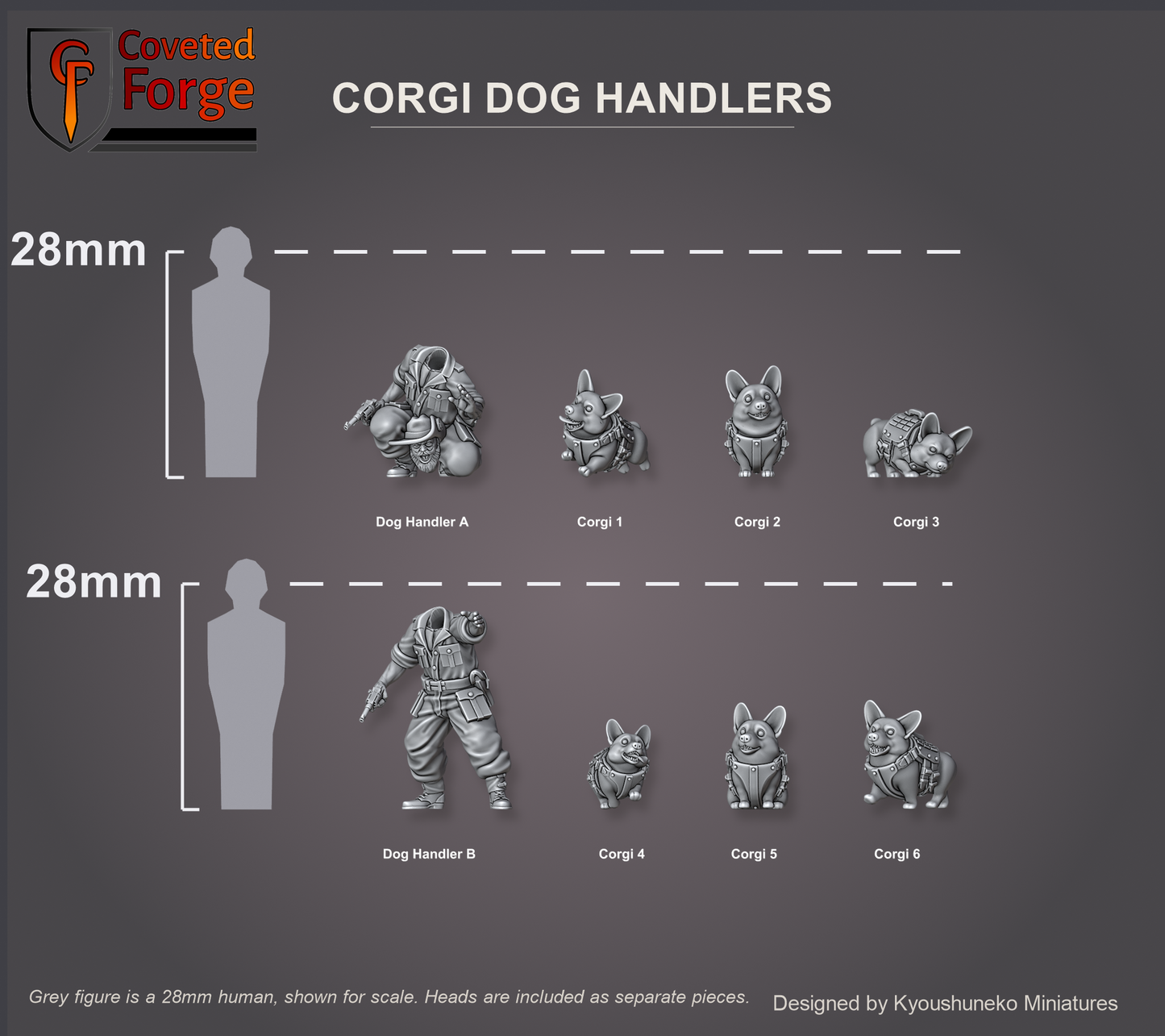 Coveted Forge scale reference: both Corgi dog handlers and all six war-corgis in two rows beside a 28mm human silhouette, heads included as separate pieces