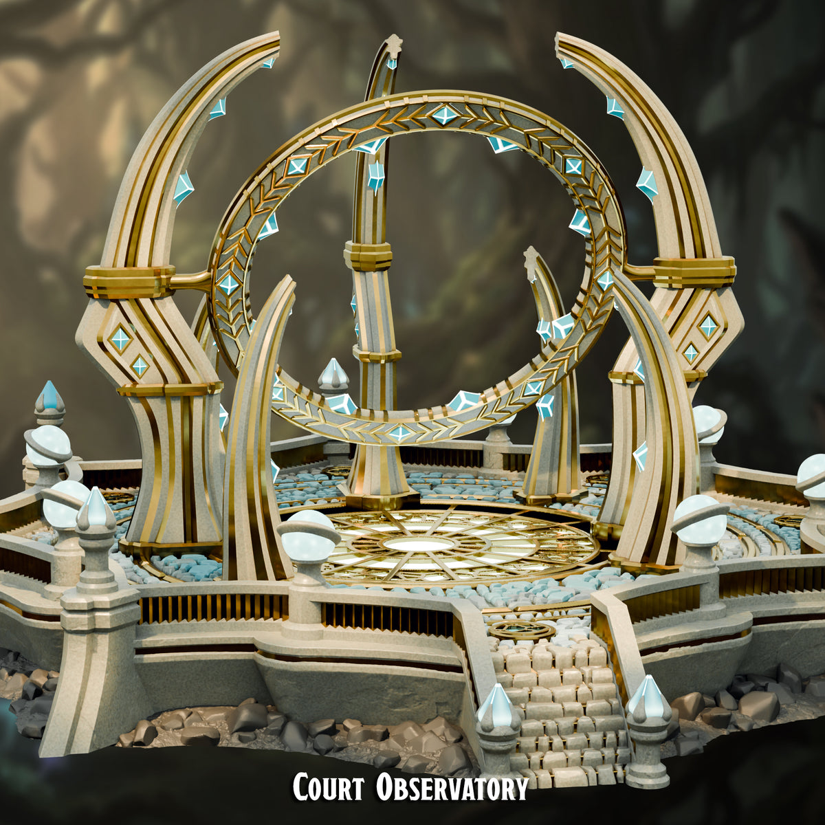 Detail view of the Court Observatory platform, stair and crystal-tipped posts