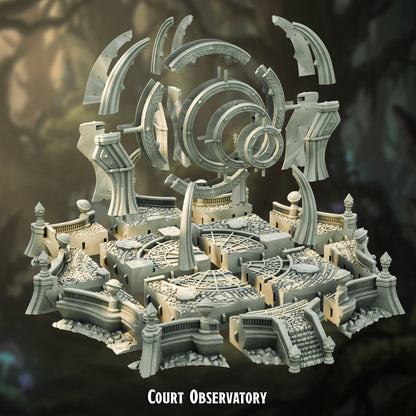 Court Observatory shown as its 44 printed parts laid out before assembly