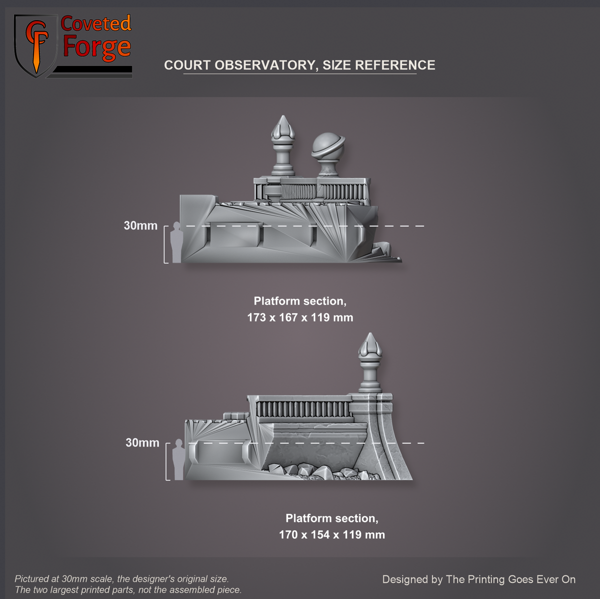 Coveted Forge size reference: the two largest Court Observatory platform sections, 173 x 167 x 119 mm and 170 x 154 x 119 mm at 30mm the original scale, beside a 30mm human silhouette