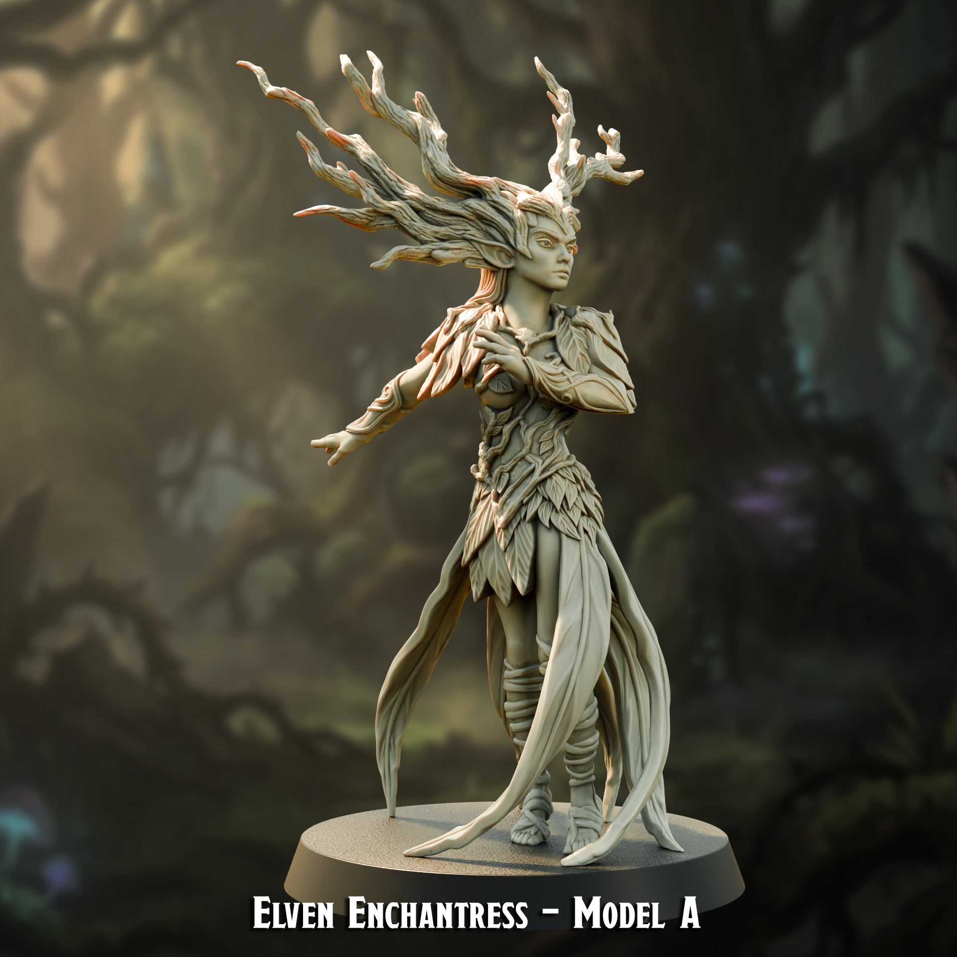 Elven Enchantress Model A, fey elf sorceress with branch headdress, 32mm resin miniature