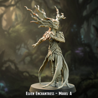 Elven Enchantress Model A, fey elf sorceress with branch headdress, 32mm resin miniature