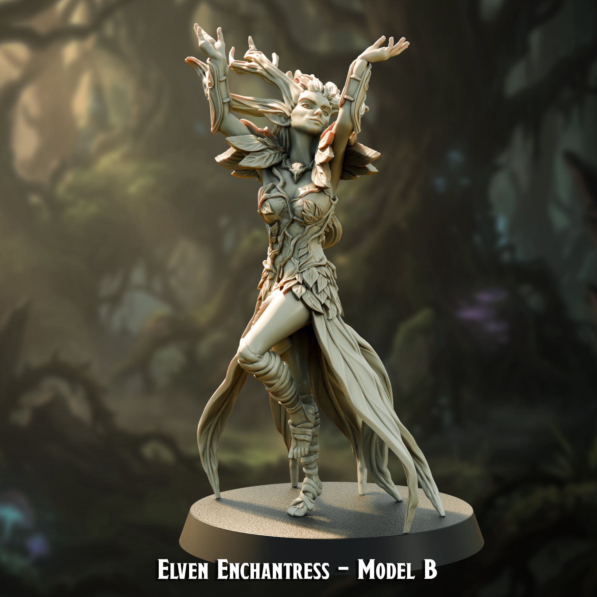 Elven Enchantress Model B, fey elf sorceress with raised arms, 32mm resin miniature