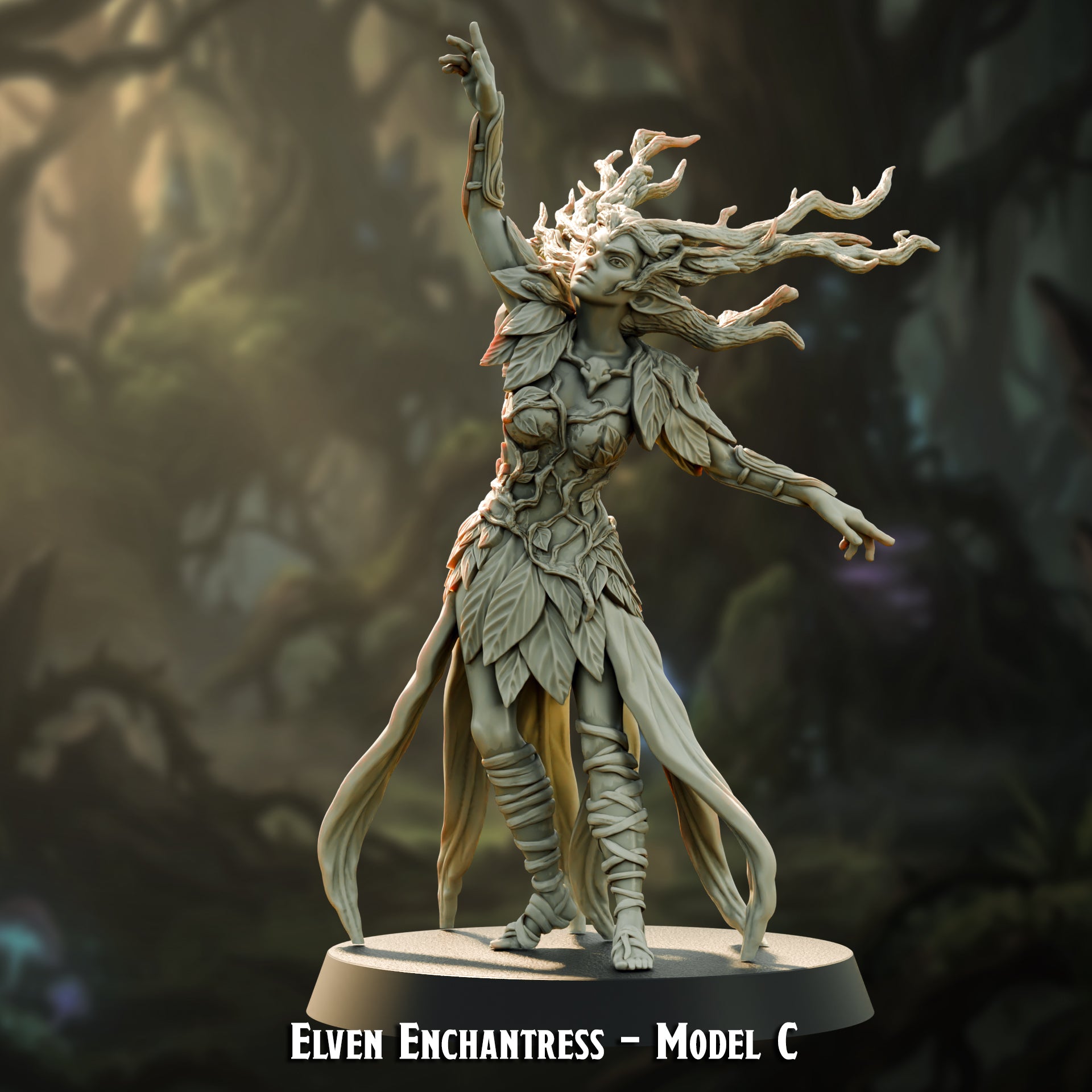 Elven Enchantress Model C, fey elf sorceress with leaf armor, 32mm resin miniature
