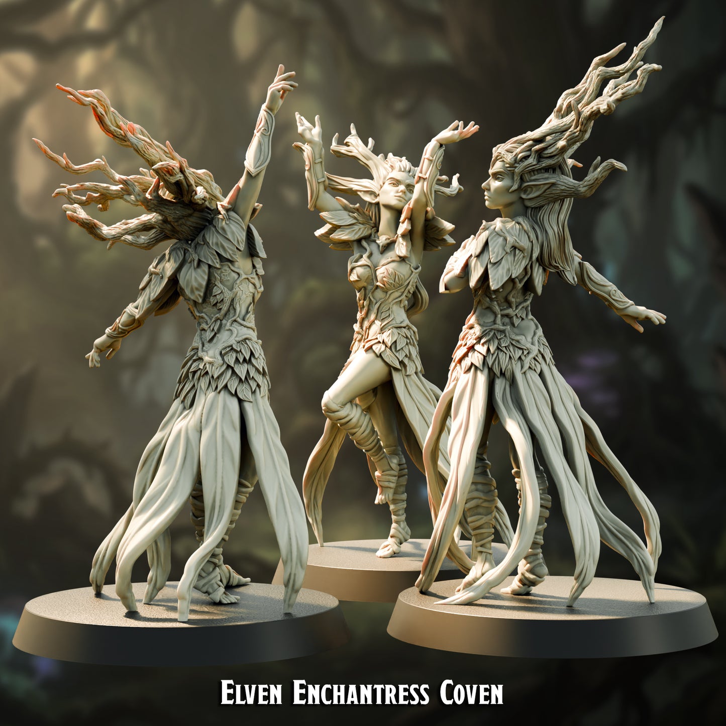 Elven Enchantress Coven, three fey elf witch spellcasters, 28-32mm resin miniatures by The Printing Goes Ever On