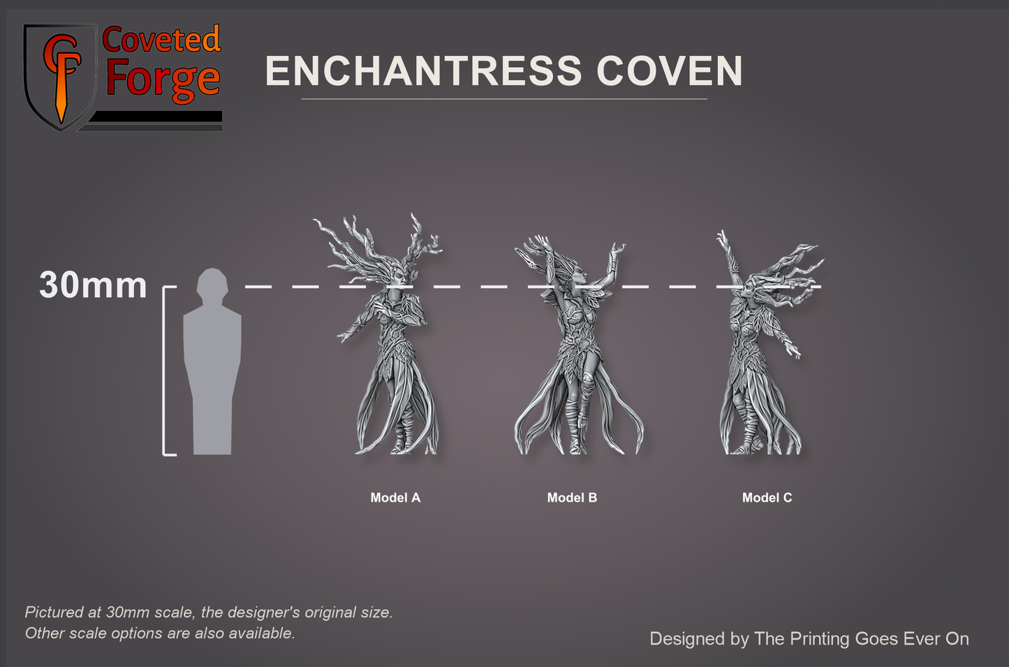 Enchantress Coven Models A B and C beside a 30mm human silhouette, pictured at 30mm original scale, also offered at 28mm and 32mm