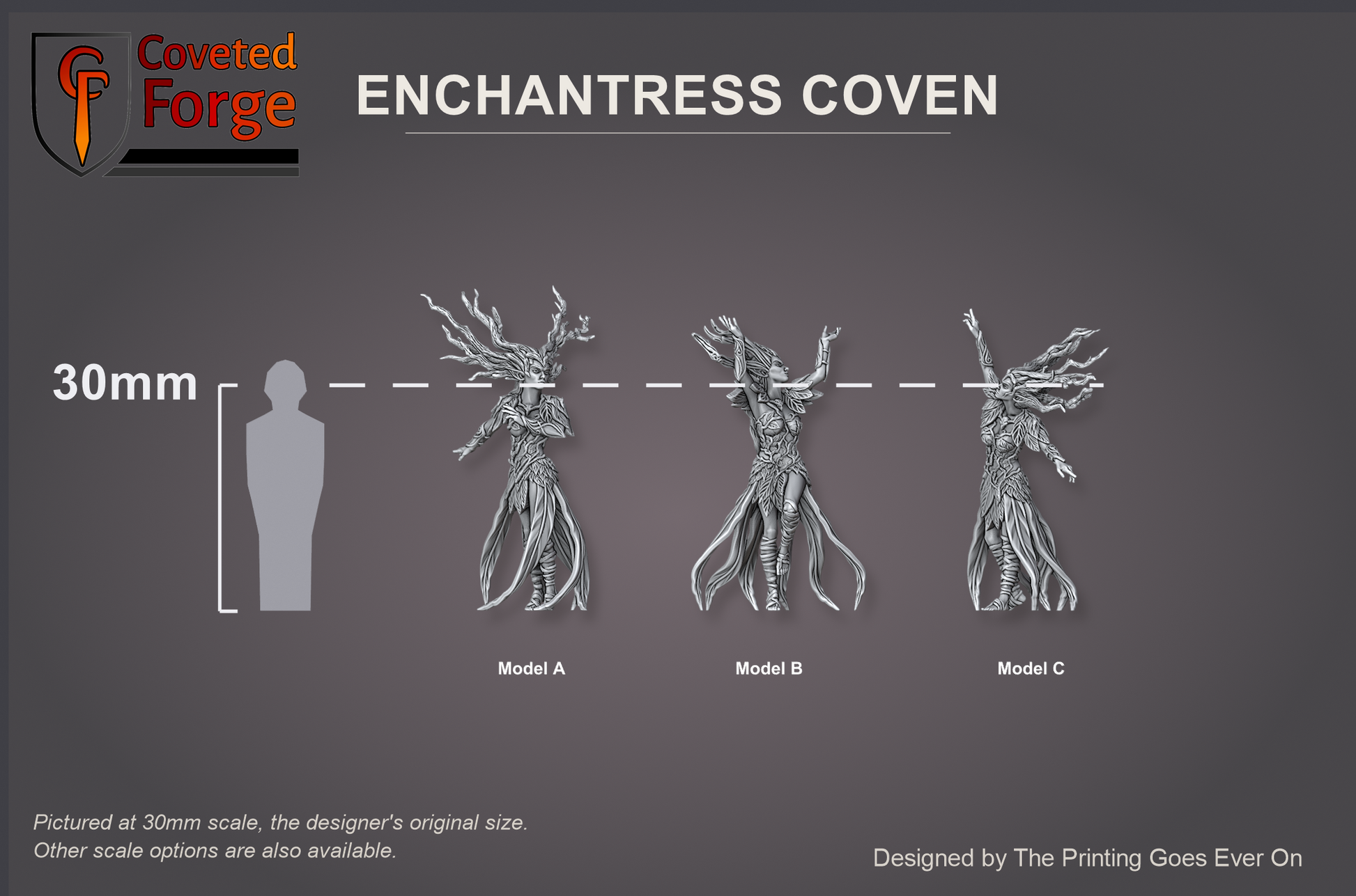 Enchantress Coven Models A B and C beside a 30mm human silhouette, pictured at 30mm original scale, also offered at 28mm and 32mm