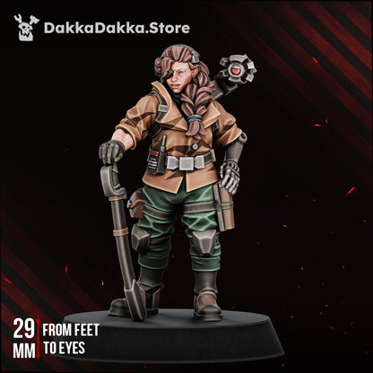 Painted Alcat Rats Garrison Commander in a tan coat and green trousers with the entrenching spade planted at her side, three-quarter view.