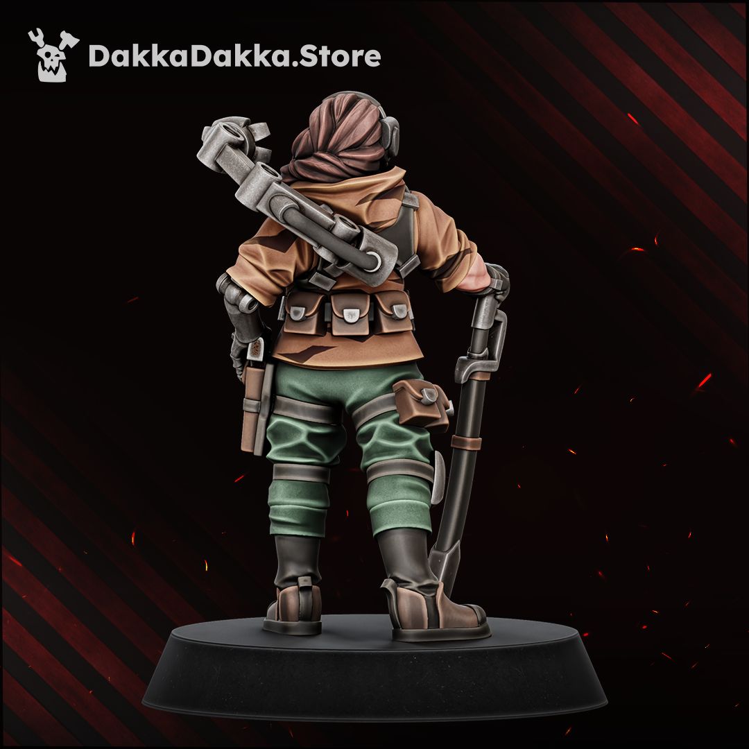 Painted Alcat Rats Garrison Commander rear view showing braided hair, back-slung entrenching spade and belt pouches.