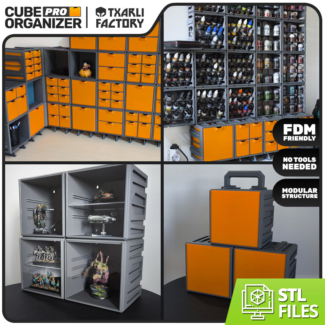 Cube Pro Organizer walls of orange drawers in grey storage cubes, with paint racks and display cubes (Txarli Factory promo)