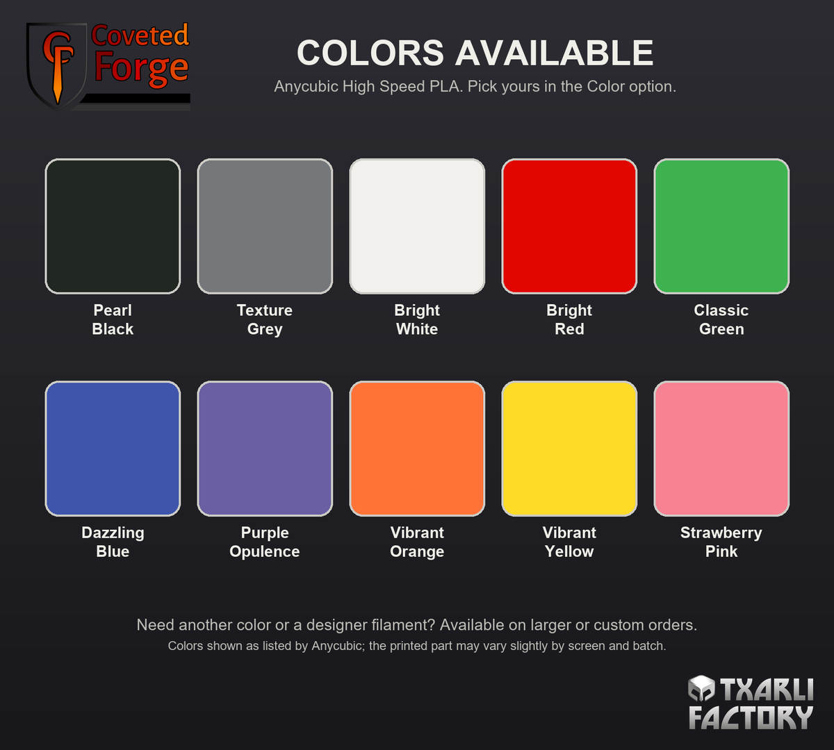 Colors available for Cube Pro Organizer parts: 10 Anycubic High Speed PLA swatches, Pearl Black, Texture Grey, Bright White, Bright Red, Classic Green, Dazzling Blue, Purple Opulence, Vibrant Orange, Vibrant Yellow and Strawberry Pink, 3D printed PLA hobby storage by Txarli Factory