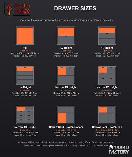 Cube Pro Organizer drawer sizes chart: Full, 1/2, 1/3 and 1/4 Height, Narrow and Narrow Card drawers shown filling one storage cube, with outside and inside dimensions in mm, 3D printed PLA hobby storage drawers by Txarli Factory