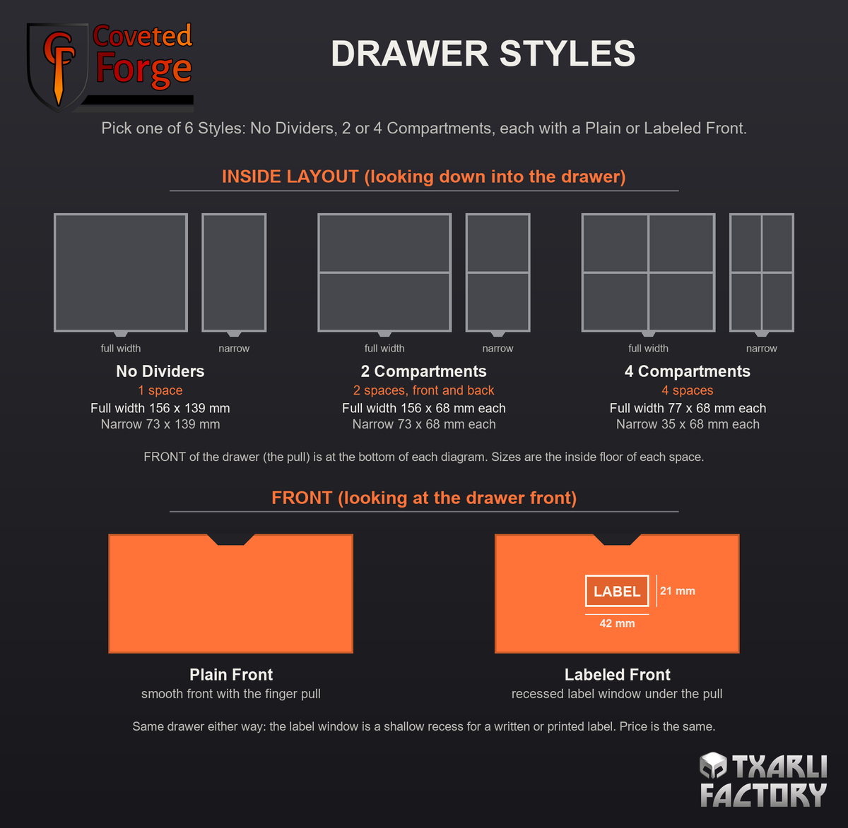 Cube Pro Organizer drawer styles: top-down layouts for No Dividers, 2 Compartments and 4 Compartments with inside sizes in mm, plus the Plain Front and the Labeled Front with its 42 x 21 mm label window, Txarli Factory design