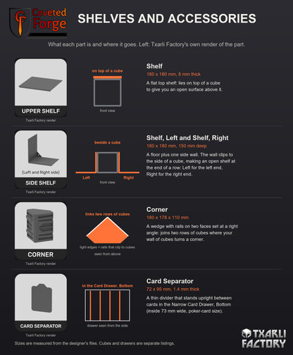 Cube Pro Organizer shelves and accessories guide: Shelf, Shelf Left and Right, Corner and Card Separator, each with Txarli Factory's render, where it fits on the cubes and its size in mm, 3D printed PLA hobby storage