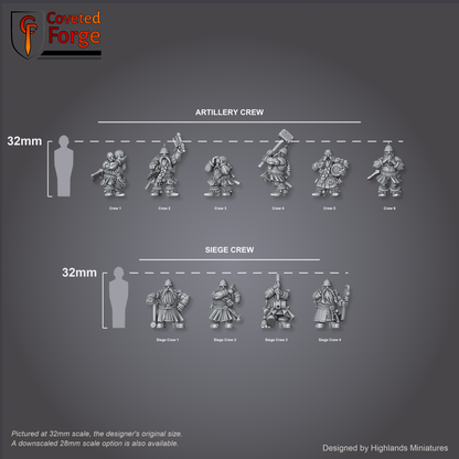 Dwarf Artillery and Siege Crew scale lineup beside a 32mm human