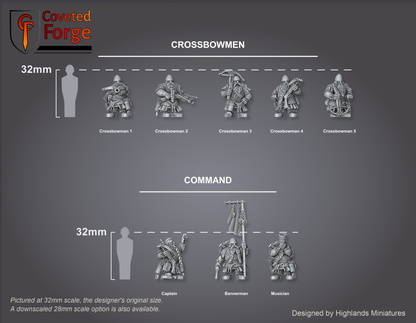 Dwarf Crossbowmen scale lineup, all eight poses across two rows with a 32mm human and bracket for scale