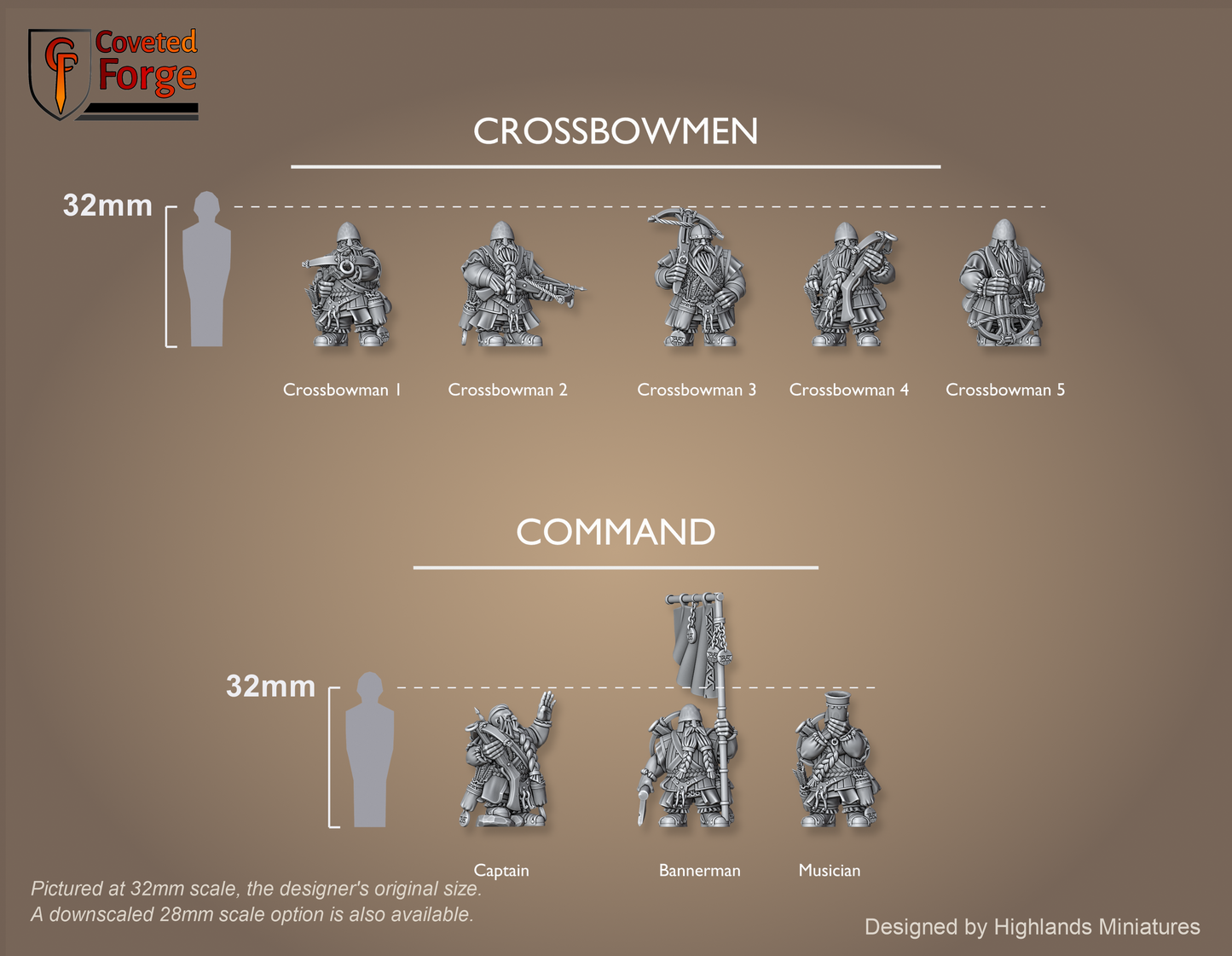 Dwarf Crossbowmen scale lineup, all eight poses across two rows with a 32mm human and bracket for scale