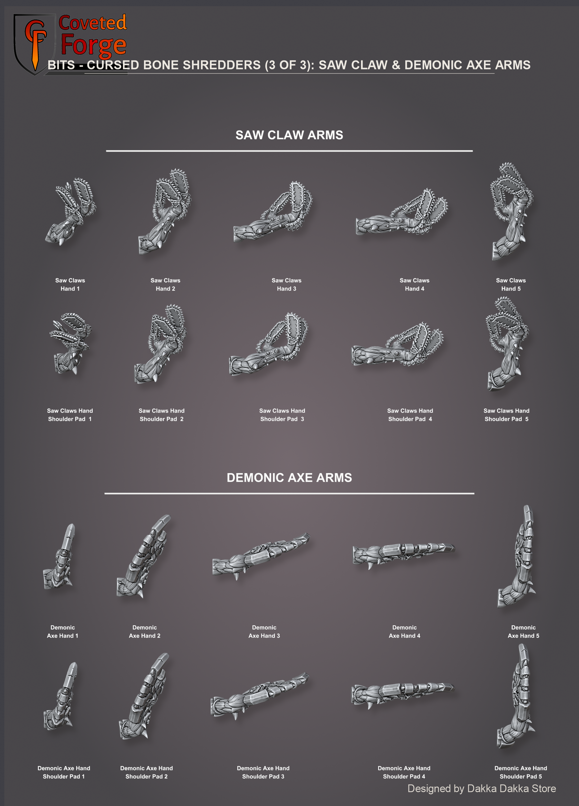 Cursed Bone Shredders parts guide 3 of 3: saw claw and demonic axe arms with all sculpts labelled