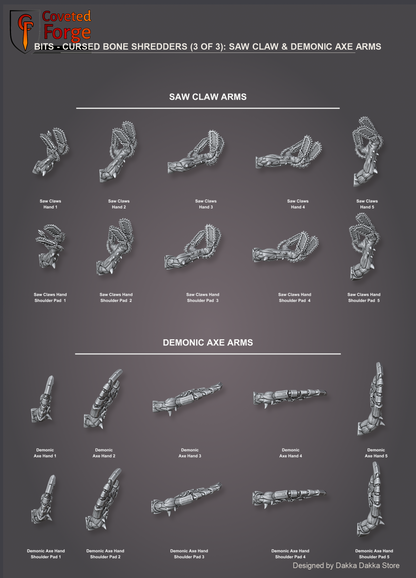 Cursed Bone Shredders parts guide 3 of 3: saw claw and demonic axe arms with all sculpts labelled