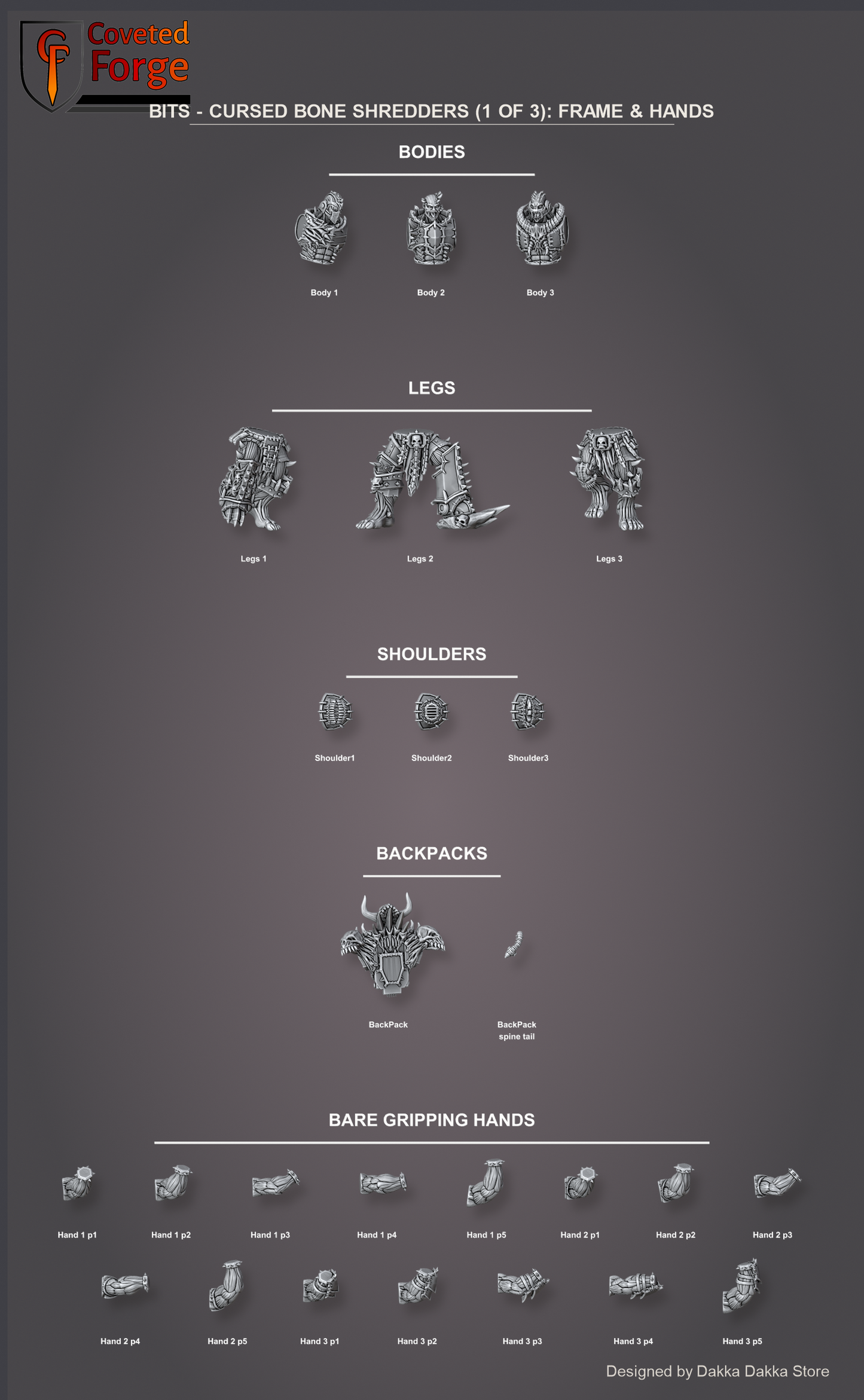 Cursed Bone Shredders parts guide 1 of 3: bodies, legs, shoulders, backpacks and gripping hands