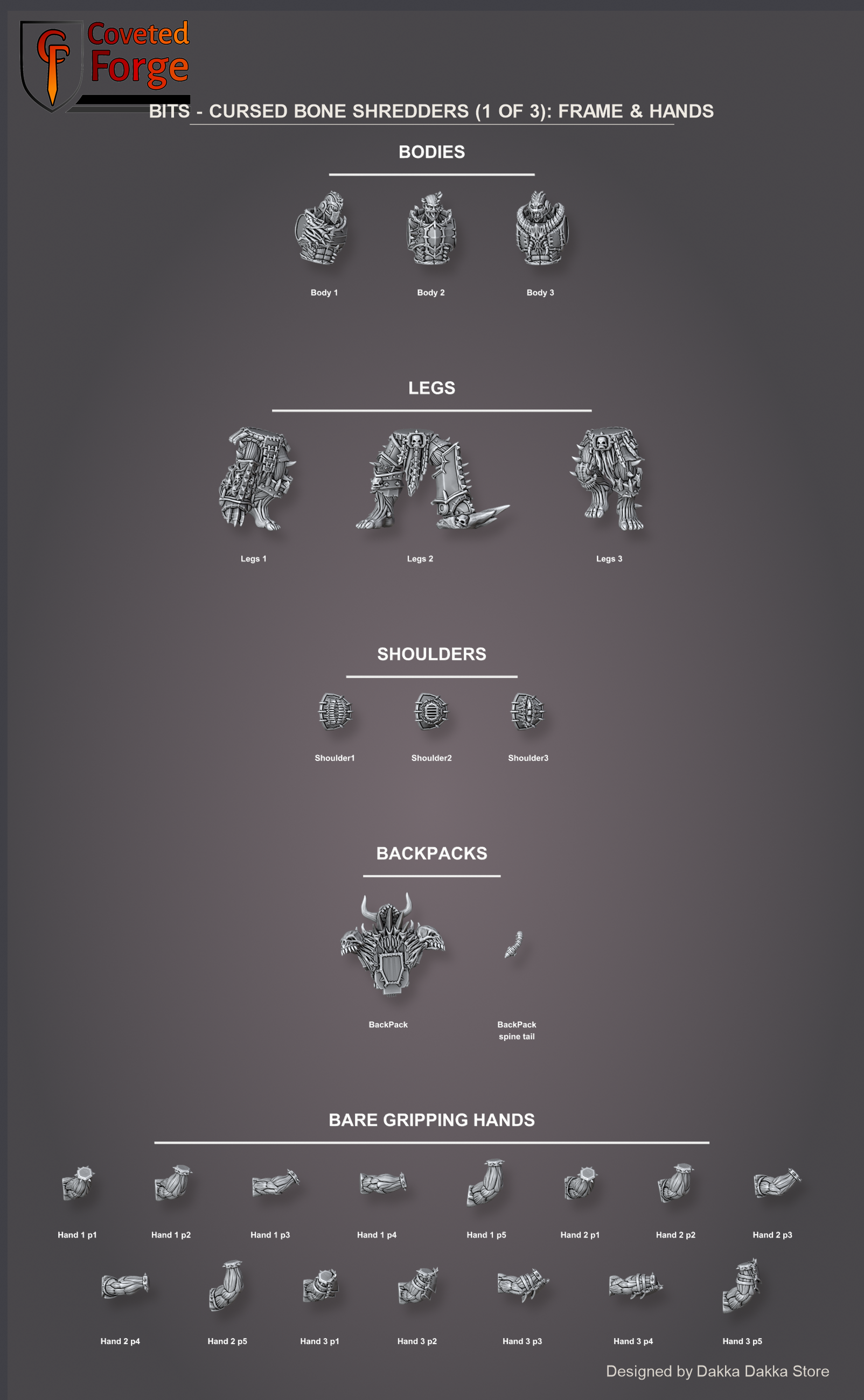 Cursed Bone Shredders parts guide 1 of 3: bodies, legs, shoulders, backpacks and gripping hands