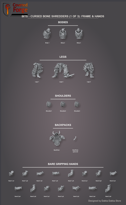 Cursed Bone Shredders parts guide 1 of 3: bodies, legs, shoulders, backpacks and gripping hands
