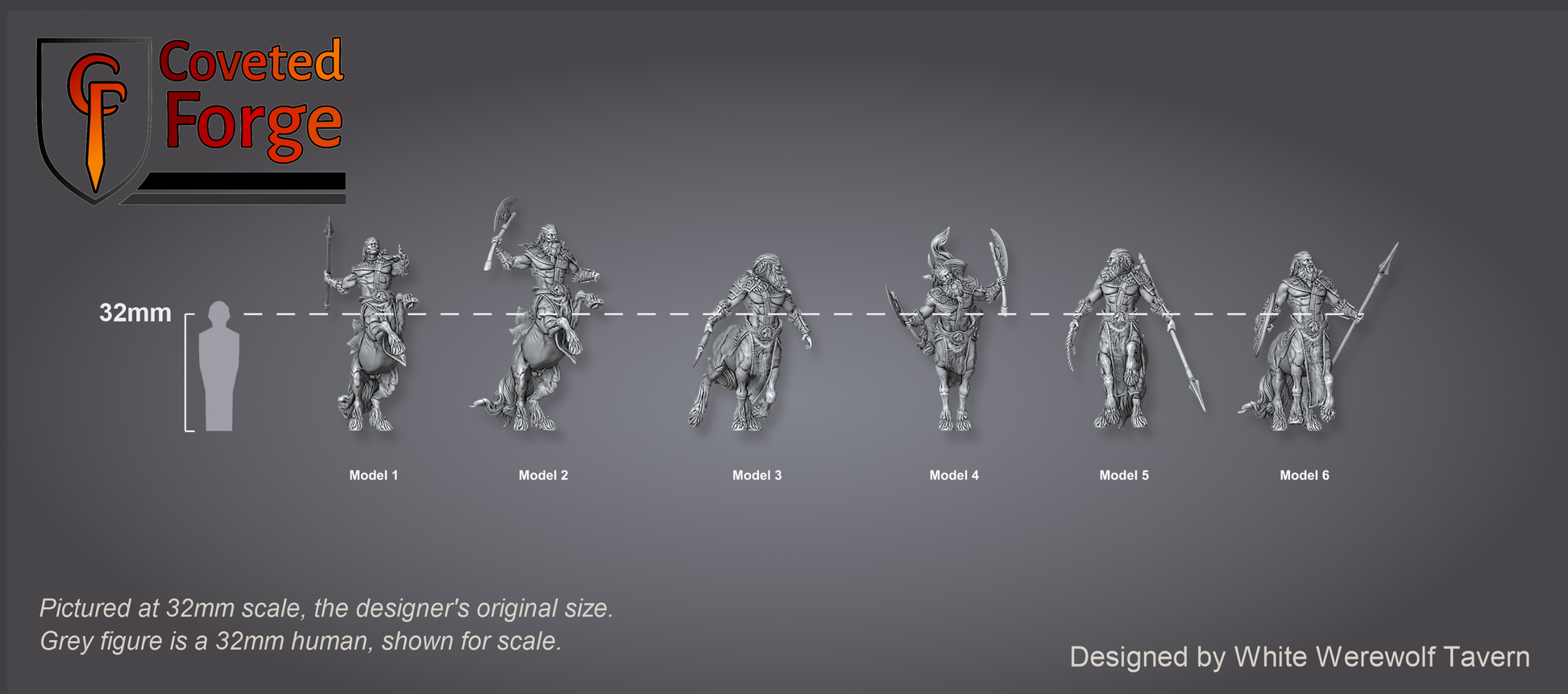 Scale reference: Centaur Warriors at 32mm scale beside a 32mm human silhouette