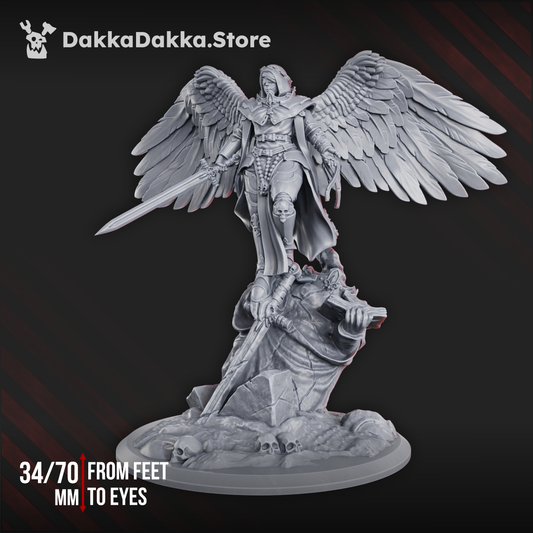 Render of Archangel Elizabeth | Sci-Fi Living Saint | Sororitas Resin Proxy: This winged saint carries a sword over a fallen foe. 3D printed resin miniature, used as a Saint Celestine and Sisters of Battle Living Saint proxy.