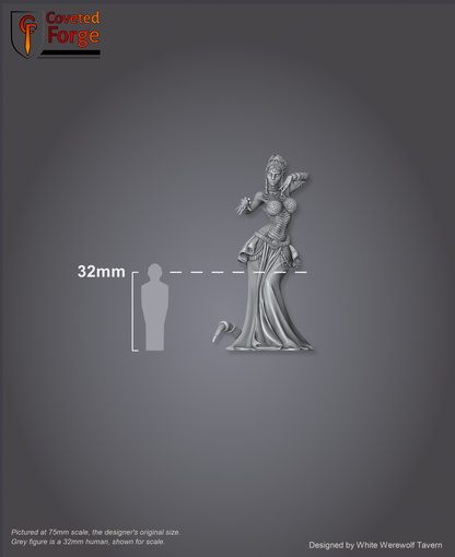 Scale reference: Scaled Dancer Display Model at 75mm scale beside a 32mm human silhouette