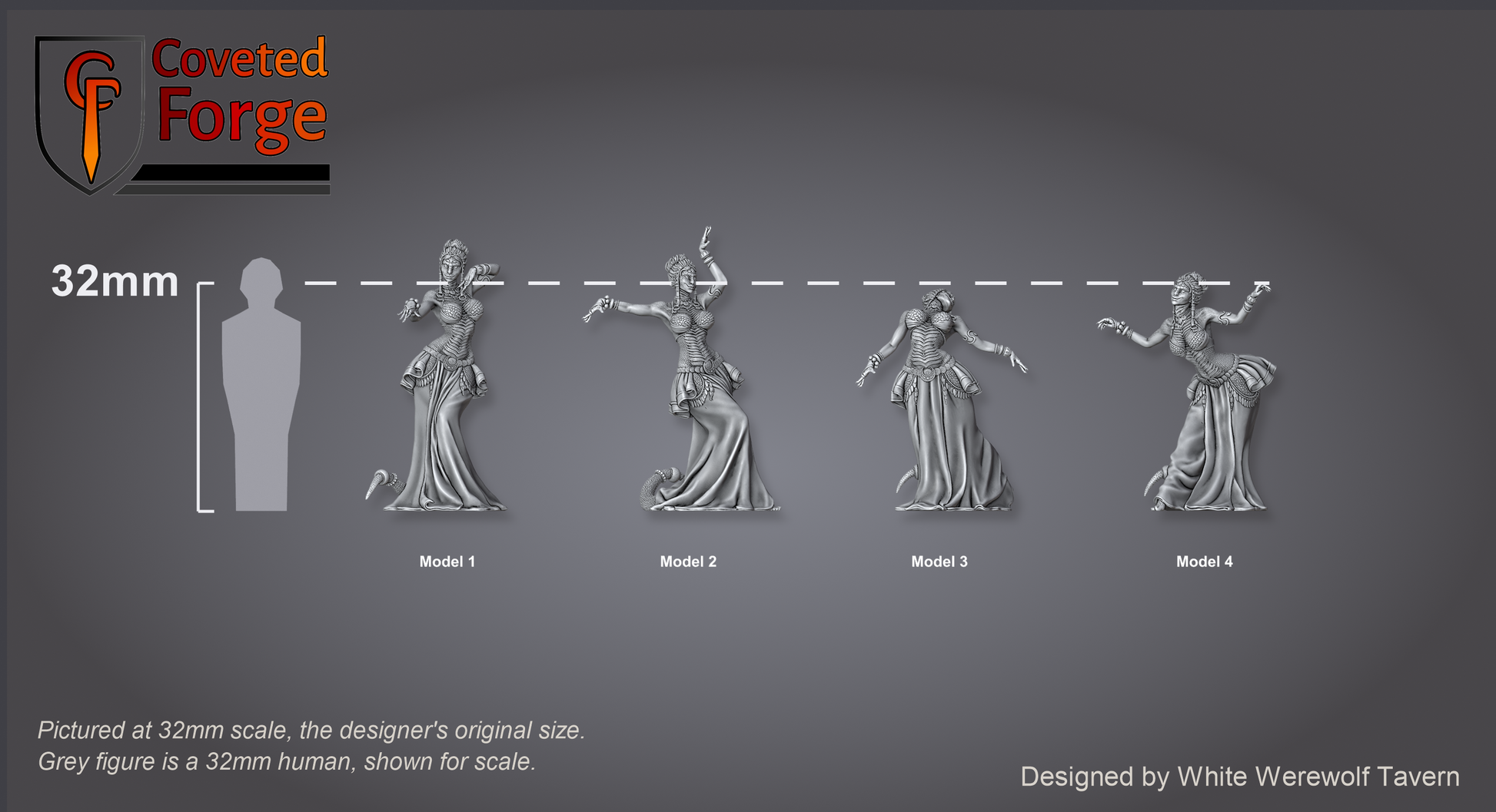 Scale reference: Scaled Dancers at 32mm scale beside a 32mm human silhouette