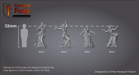 Scale reference: Scaled Dancers at 32mm scale beside a 32mm human silhouette