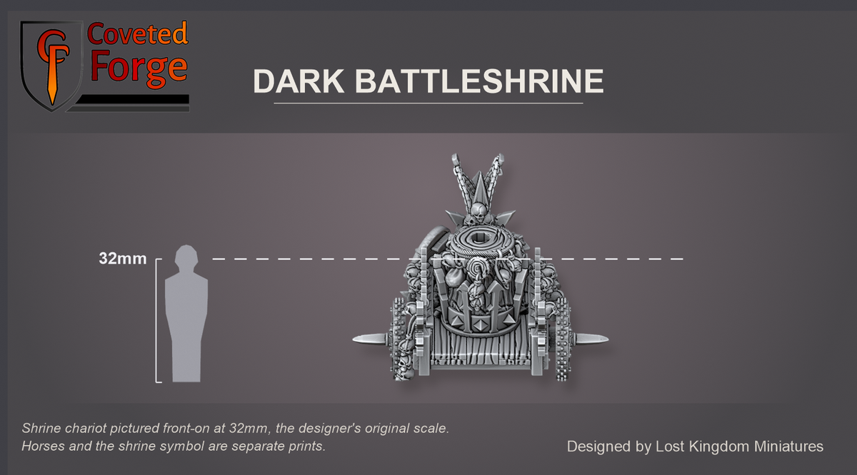 Coveted Forge scale reference: the Dark Battleshrine cart, front view, beside a 32mm human silhouette; the two horses and the star icon are separate prints, with a 28mm downscale also available
