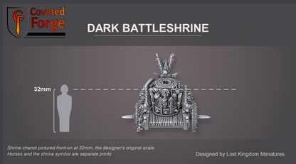 Coveted Forge scale reference: the Dark Battleshrine cart, front view, beside a 32mm human silhouette; the two horses and the star icon are separate prints, with a 28mm downscale also available