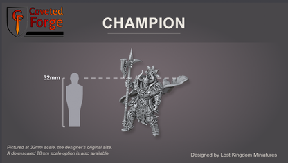 Coveted Forge scale reference: the Dark Chariot's champion, front three-quarter view, standing beside a 32mm human silhouette, with a 28mm downscale also available; chariot, horses, driver and banner tops are separate prints