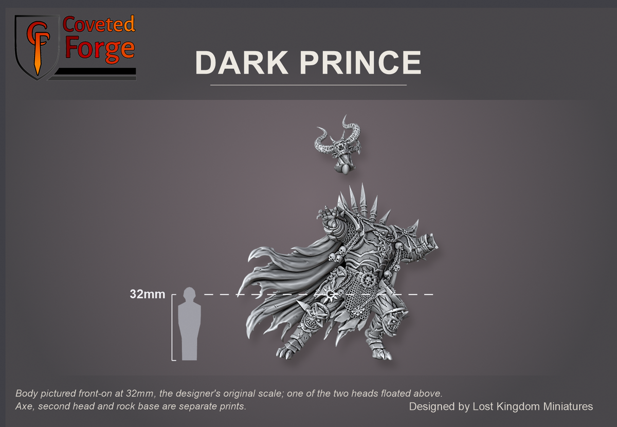 Coveted Forge scale reference: the Dark Prince body, front view, with one of its two heads floated above, beside a 32mm human silhouette; axe, second head and rock base are separate prints