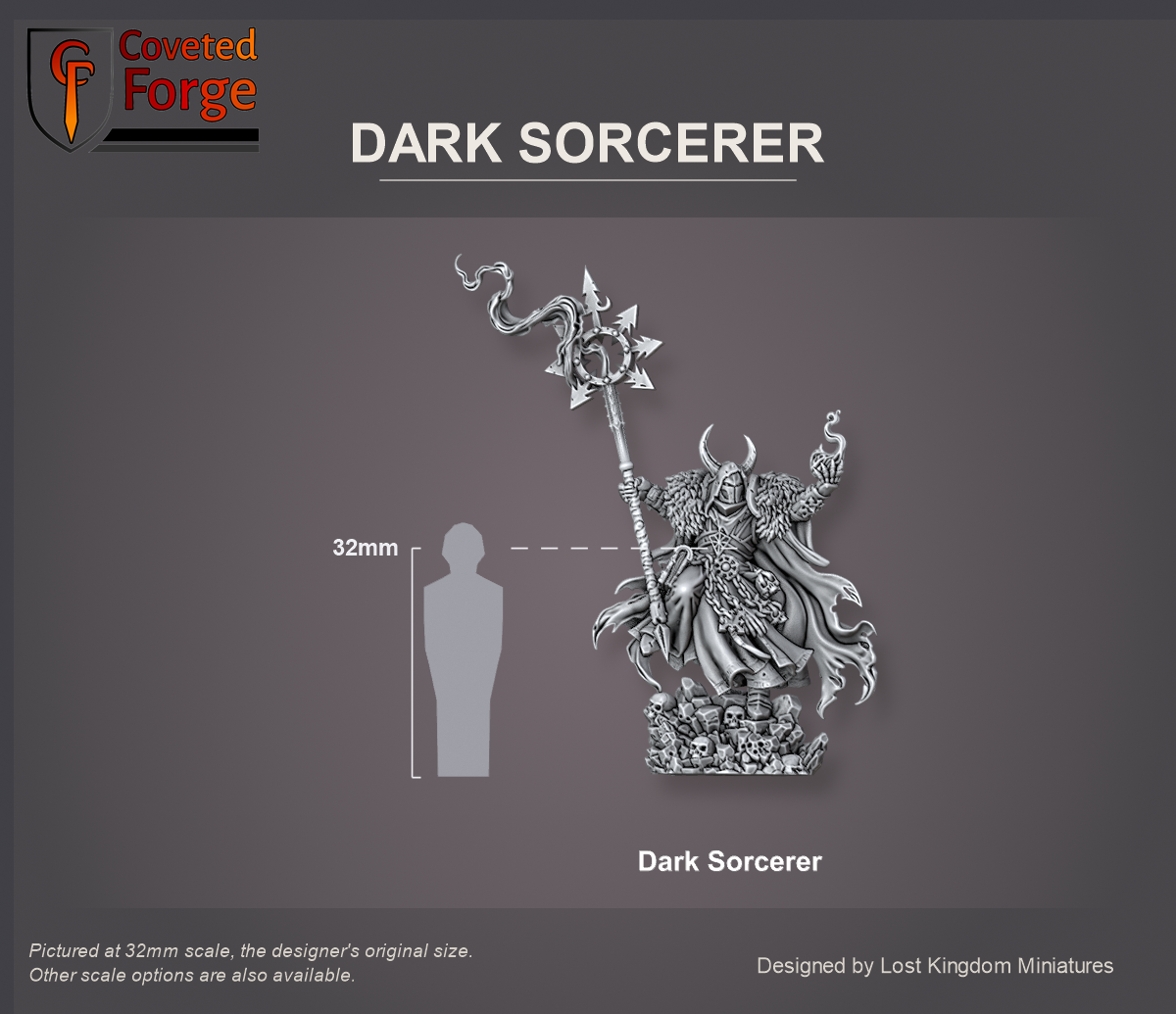 Coveted Forge scale reference: the Dark Sorcerer, front view, beside a 32mm human silhouette