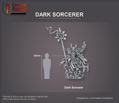 Coveted Forge scale reference: the Dark Sorcerer, front view, beside a 32mm human silhouette