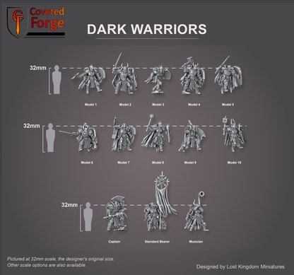 Coveted Forge scale reference: the ten Dark Warriors, Model 1 to 10, with the captain, standard bearer and musician, beside a 32mm human silhouette