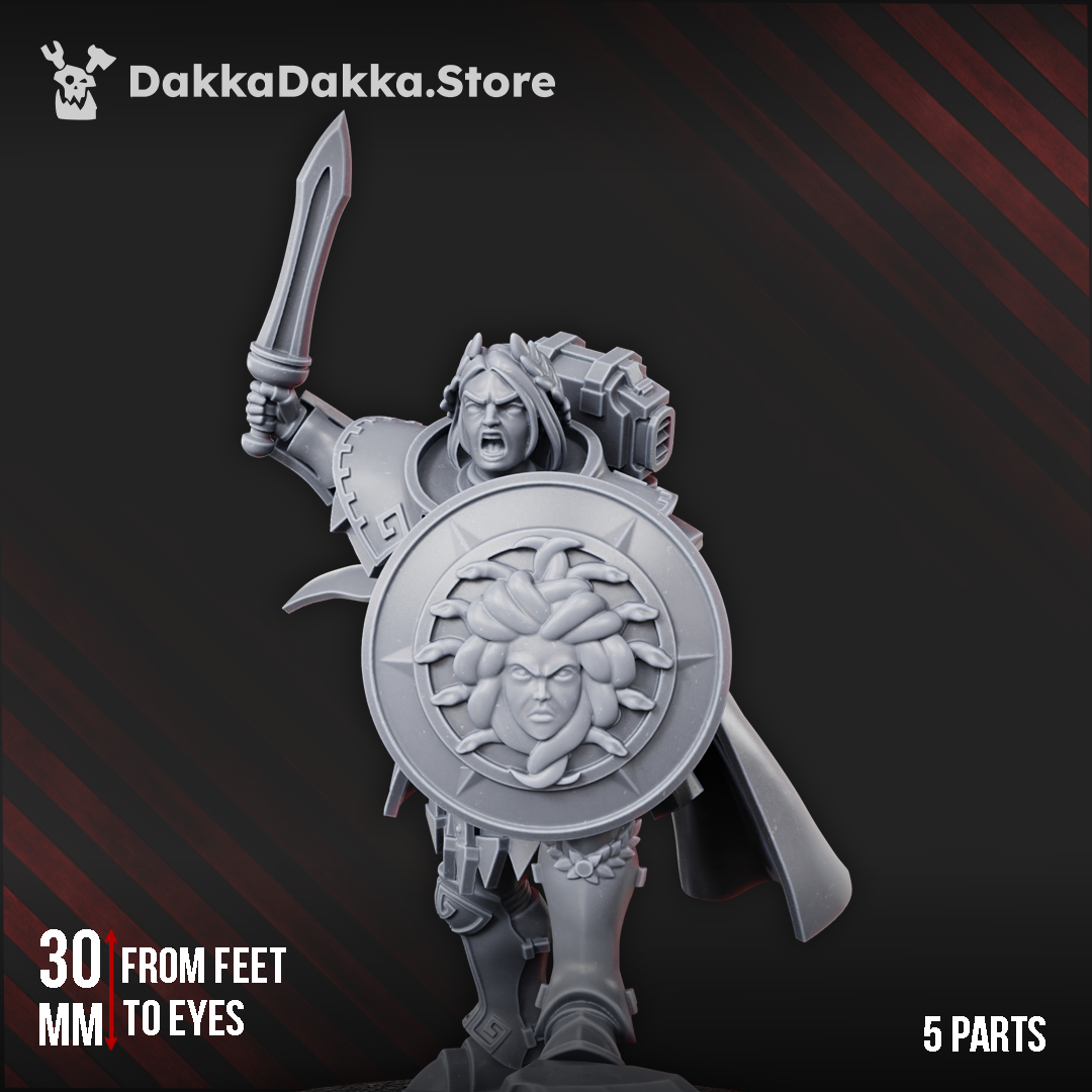 Arteimis the Pontifess, a robed priestess with sword and Gorgon shield, resin by Dakka Dakka