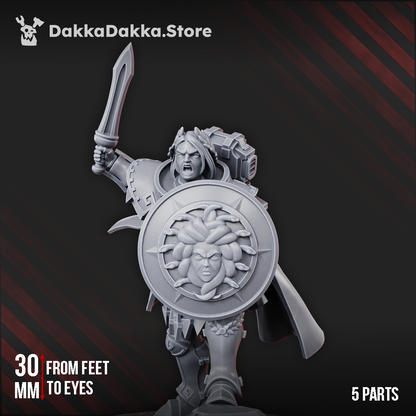 Arteimis the Pontifess, a robed priestess with sword and Gorgon shield, resin by Dakka Dakka