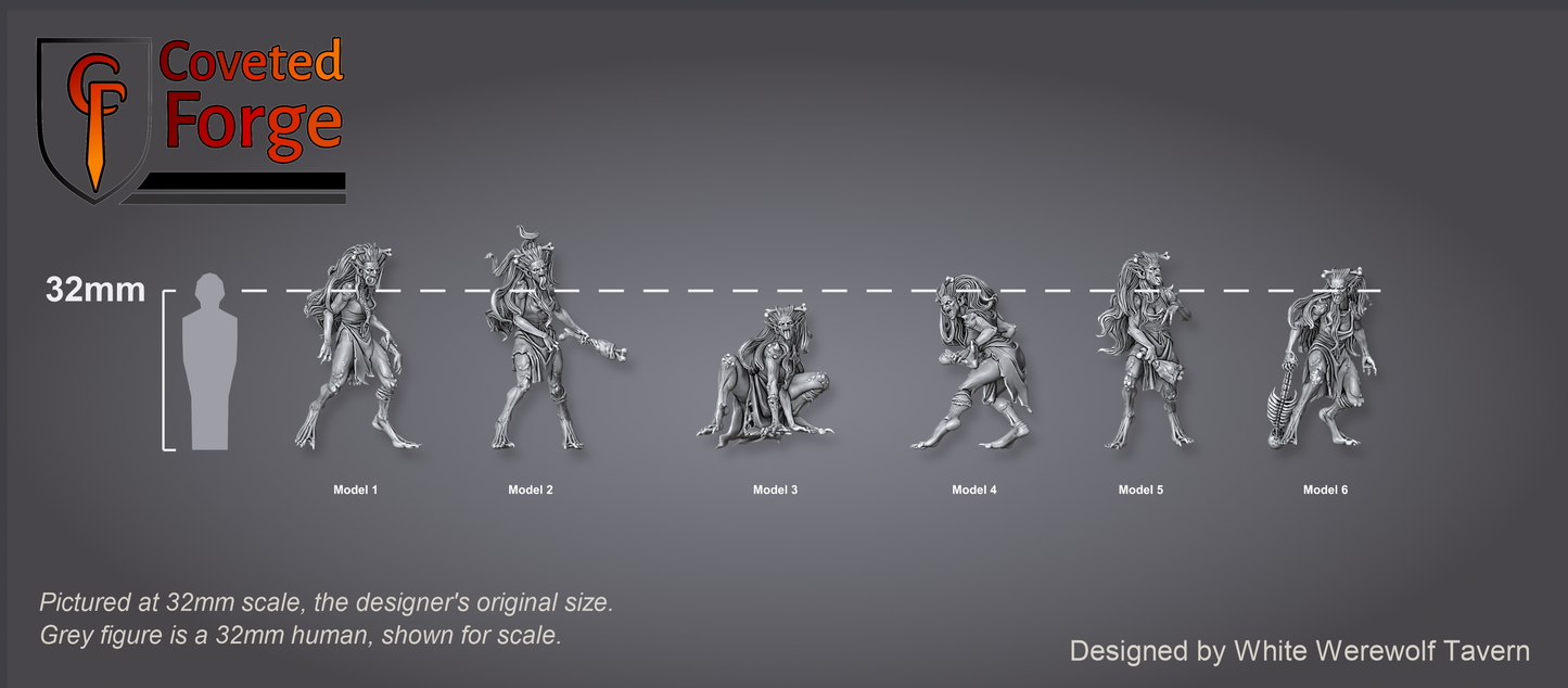 Scale reference: all six Daughters of the Drowned at 32mm scale beside a 32mm human silhouette