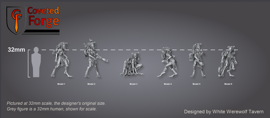 Scale reference: all six Daughters of the Drowned at 32mm scale beside a 32mm human silhouette